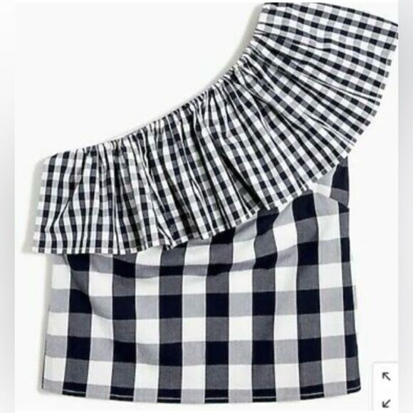 J. Crew White and Navy Gingham Ruffle One Shoulder Blouse - Picture 3 of 10